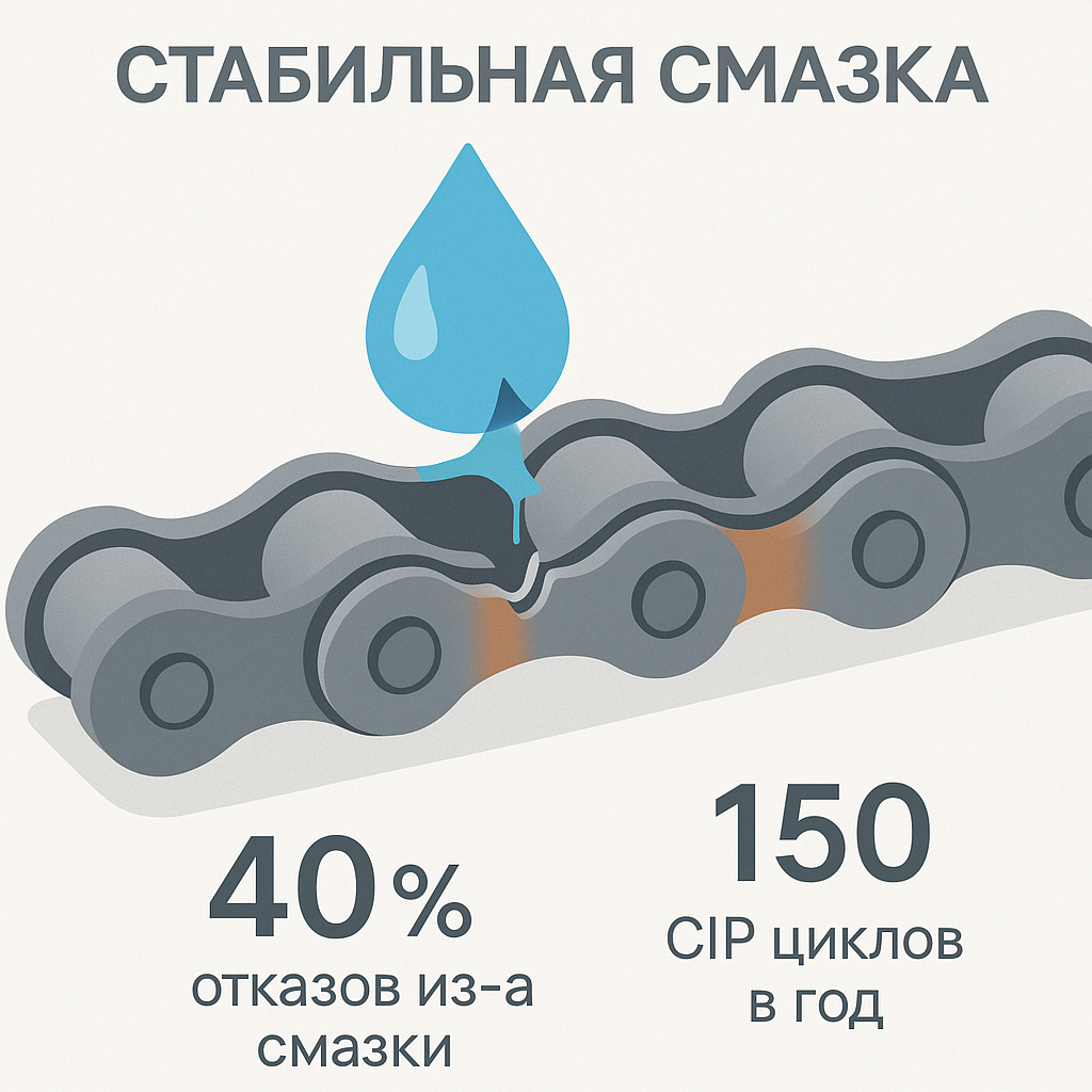 Смазка для цепных конвейеров пищевого производства, устойчивая к вымыванию водой и частым CIP-мойкам на упаковочной линии