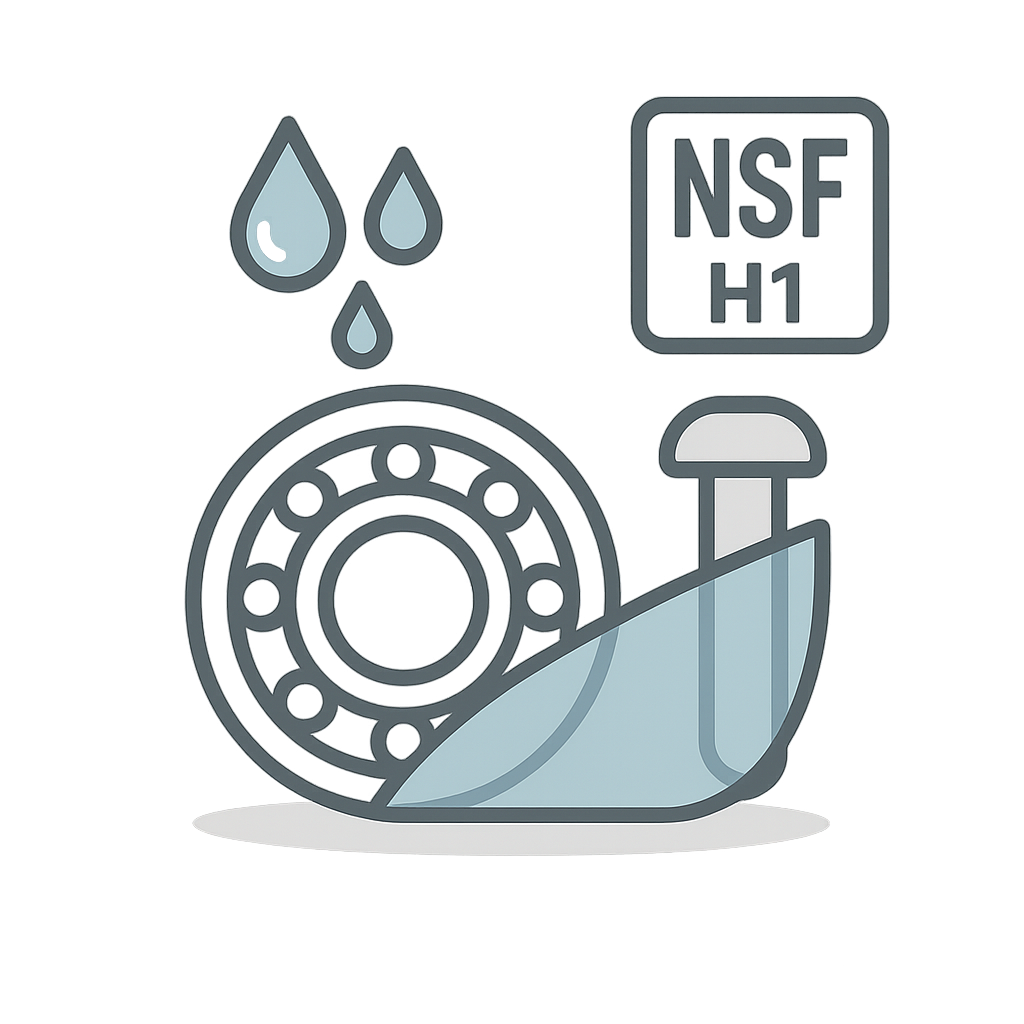 Обработка открытого подшипника и звеньев конвейера пищевой водостойкой смазкой NSF H1 перед мойкой под давлением на мясопереработке
